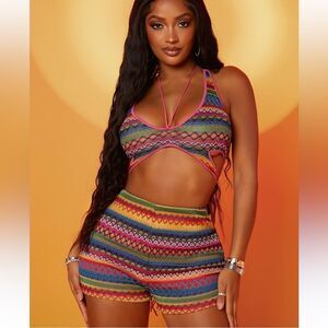 Adioli Lace Up Back Halter Top Shorts set Multicolored Crochet Look Sz M